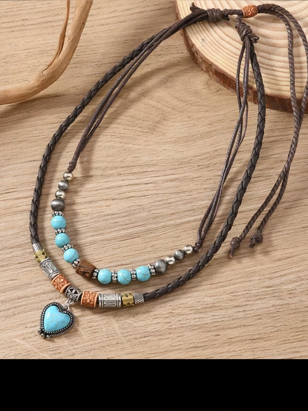 Turquoise Layered Boho Necklace with Silver Pendant - NEW!